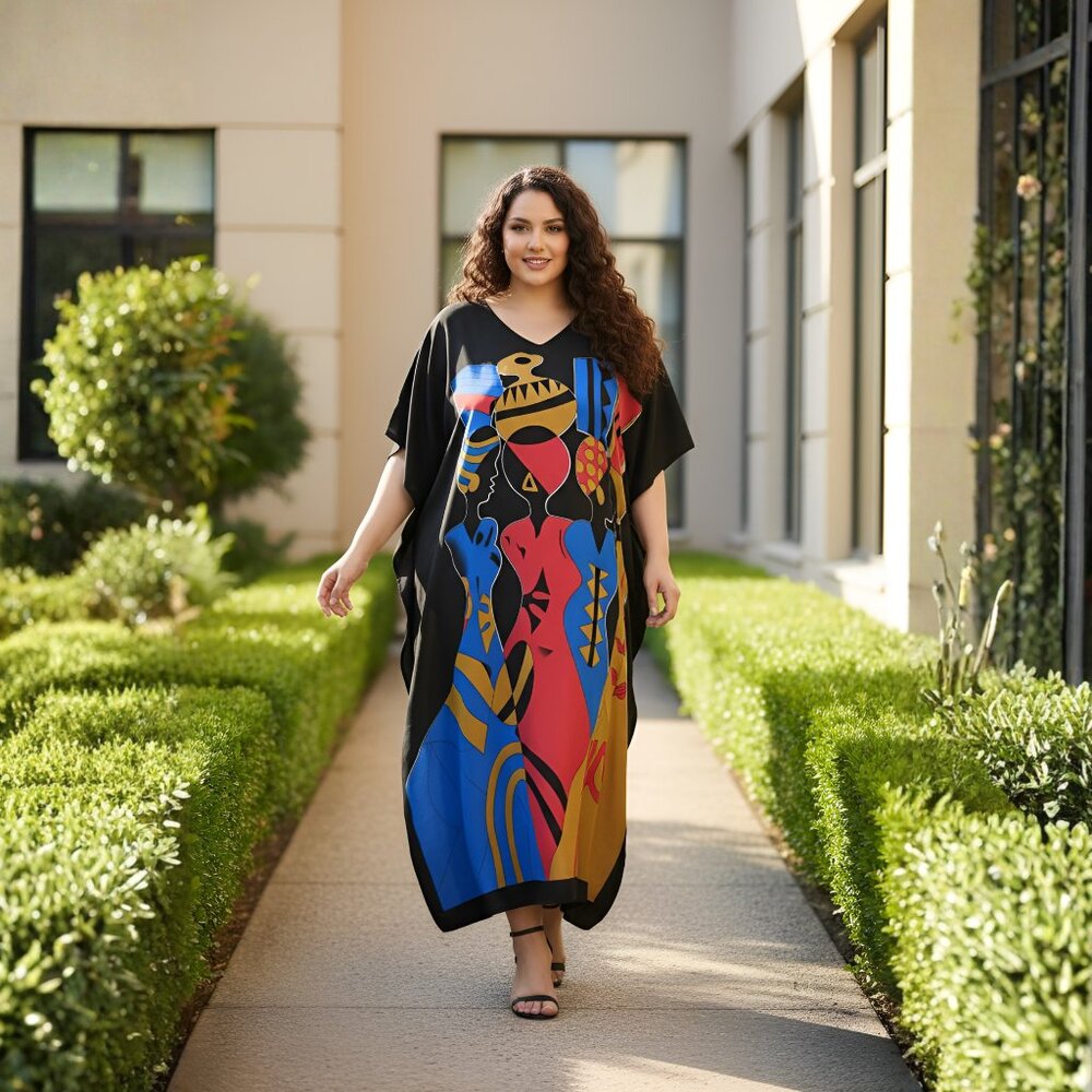 Women Summer Beach Cover Up Kaftan Dress Polyester Printed Maxi for Lounge Wear